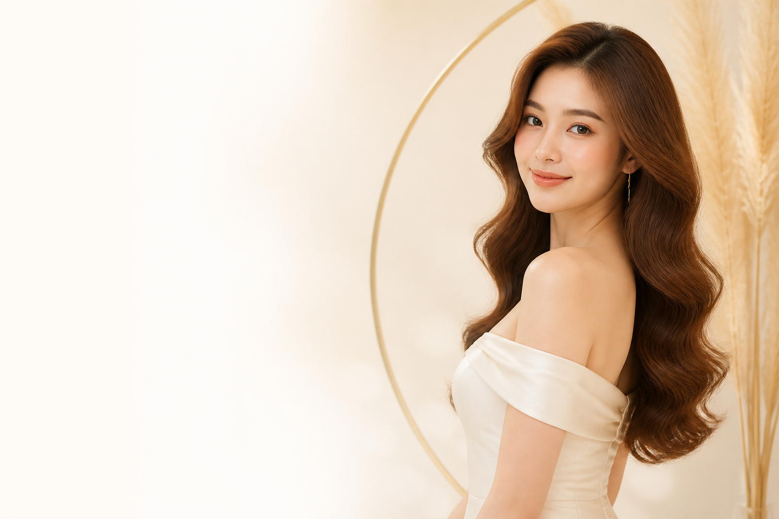 Người mẫu tóc dài trong không gian salon tông kem vàng
